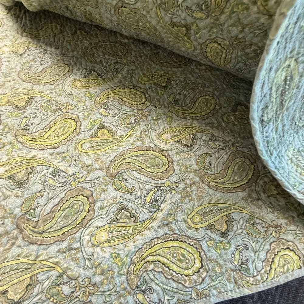 Paisley Patchwork Quilted Bedspread Blue Green Tan Reversible King Coverlet